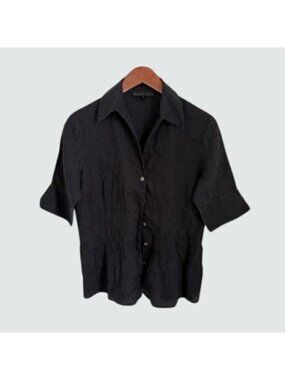 Lafayette 100% Linen Black Button-Down Shirt Size 6 Short Sleeve Lightweight Chi